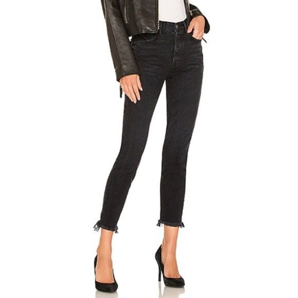 GRLFRND Black Karolina High Rise Skinny Jeans Raw Hem 100% Cotton Denim NEW